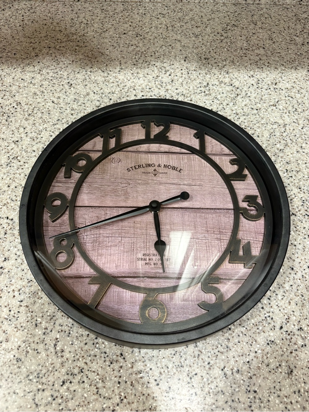11" Metal Clock Sterling & Noble Company Antique Rustic Style Woodgrain Face
